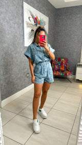 1196 Star pattern short sleeve denim romper