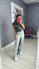 0153 Cotton and denim pants with elastic waistband