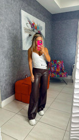 P182 Pu pants with white waistband