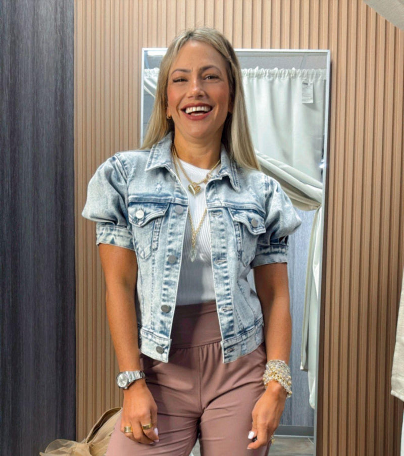 9008 Shirring sleeve crop denim jacket