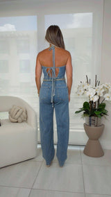 4342 Halter neck open back denim jumpsuit