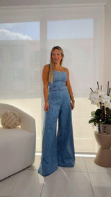 1877 Washed denim jumpsuit straight neckline