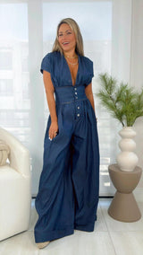 0712 V-neck denim jumpsuit