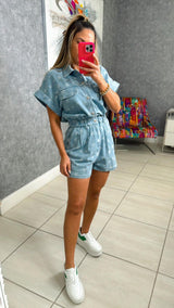 1196 Star pattern short sleeve denim romper