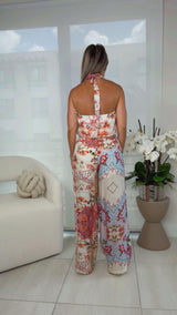 6981 Printed halter top and wide leg pants set