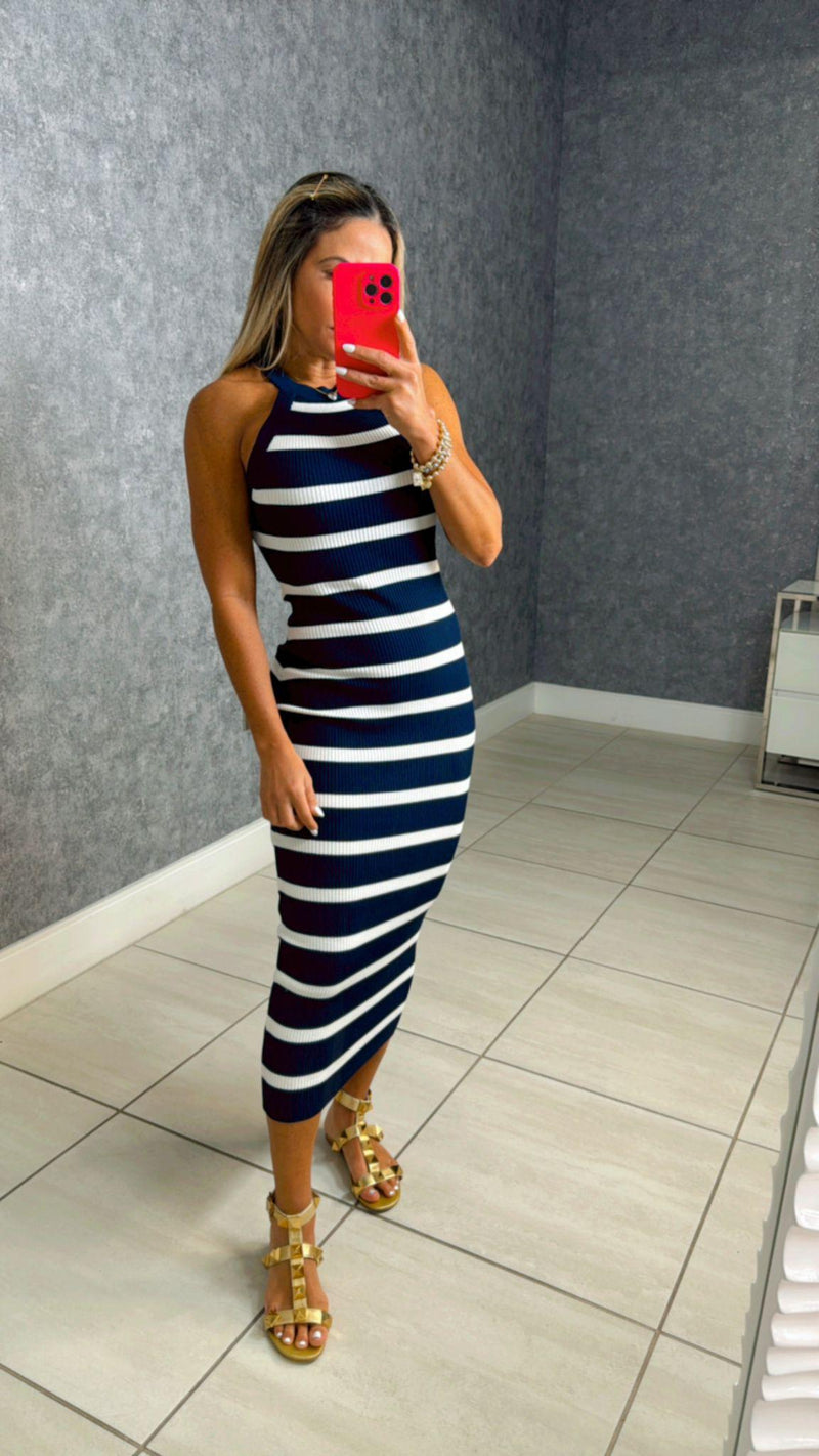 7768 Halter neck mini stripes dress