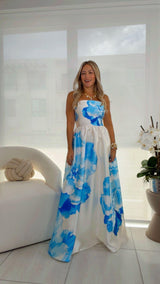 3041 Printed woven strapless maxi dress
