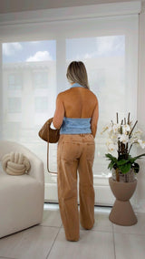 4333 Open back collar denim top