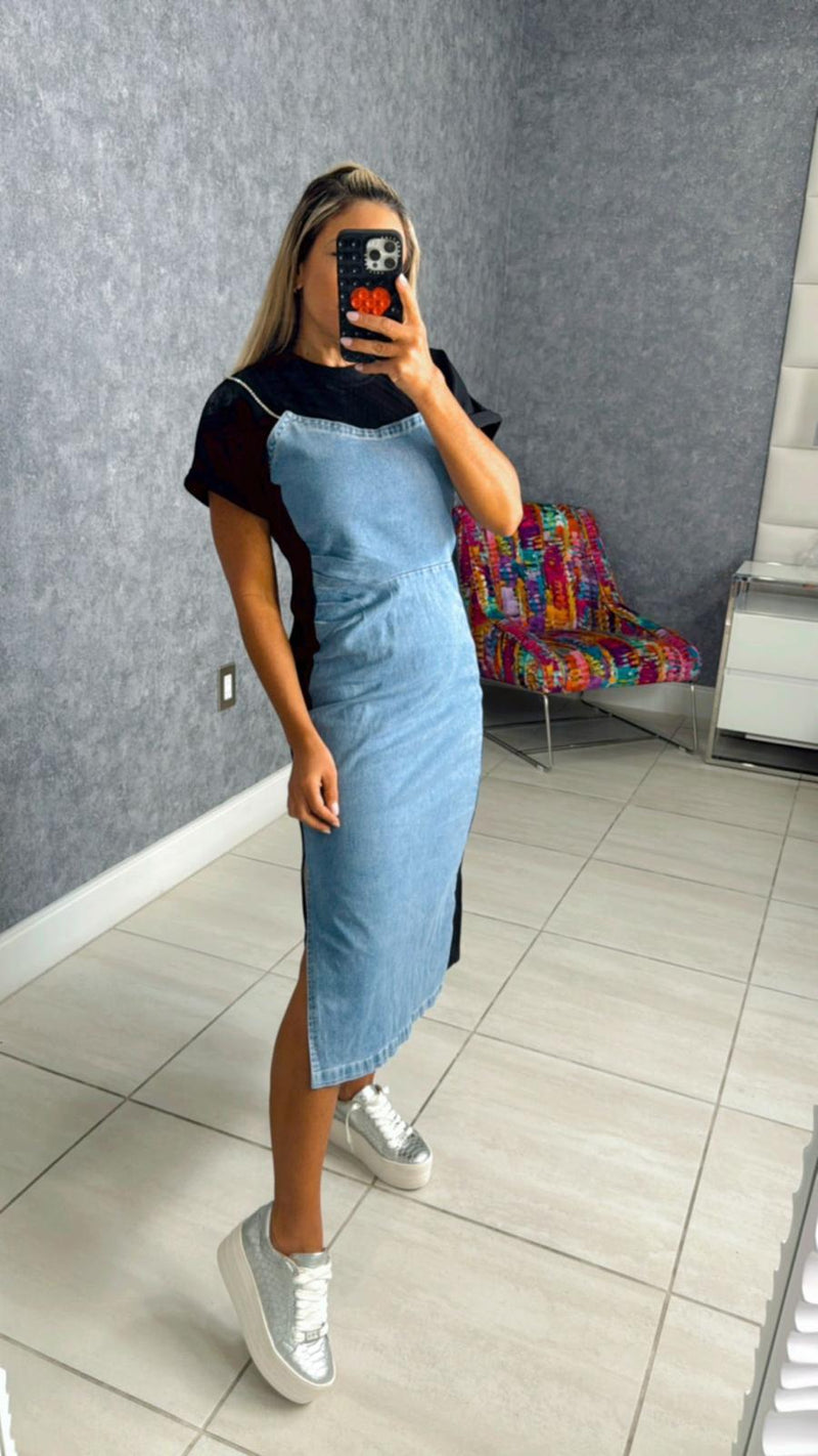 0773 Contrast denim midi dress