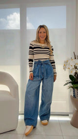 1830 Washed denim pants with paper bag waist