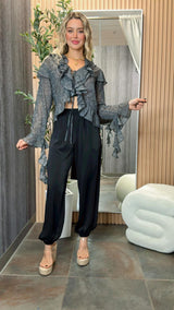 M098 Floral crinkle ruffle tie front top