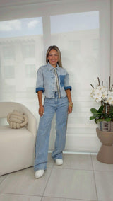 1102 Shiny detail denim top and pants set