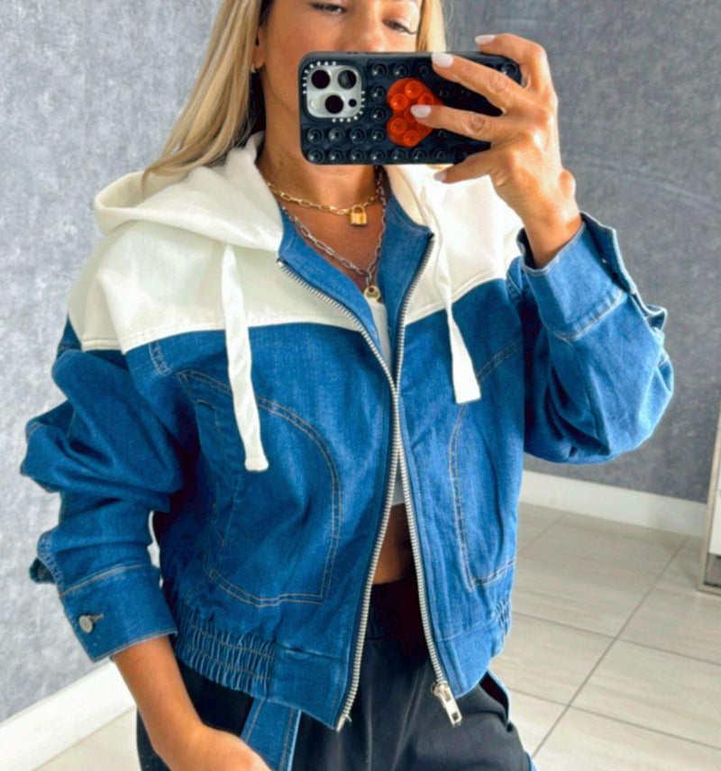 H032 Contrast denim hoodie jacket