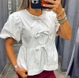 2803 Poplin front bow tie peplum blouse
