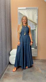 3399 Denim halter neck maxi dress
