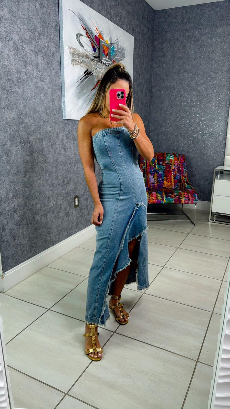 denim tube maxi dress SEMATOMALA Women's Strapless Flowy A Line Ruffle Denim Dress Smocked Tube Top Tiered Bandeau Jean Maxi Dress BE-S Blue at Amazon Women's Clothing store