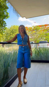 7477 Gold button denim vest and bermuda set
