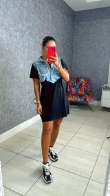 2229 Contrast denim and cotton mini dress