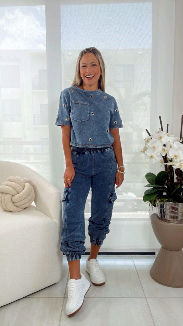 3308 Denim eyelet wash crop top and cargo jogger set
