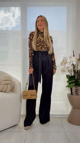 7741 Leopard mesh top woven jumpsuit