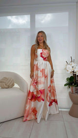 3041 Printed woven strapless maxi dress