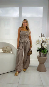 3436 Ruffled hem smocked top wide leg jumpsuit