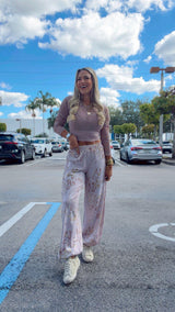 1768 Denim Leopard mesh top and harem pants set kiut