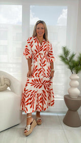 7019 Printed V-neck woven midi dress
