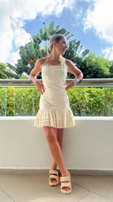 5595 Halter strap lace trim mini dress