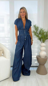 0712 V-neck denim jumpsuit