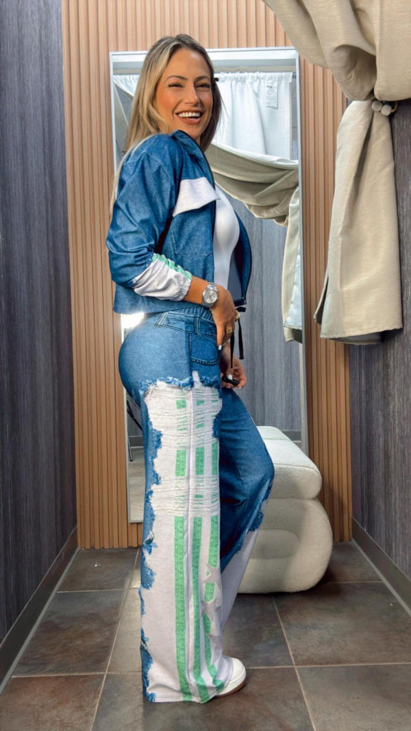 1238 Green striped ripped denim print jacket and pant set