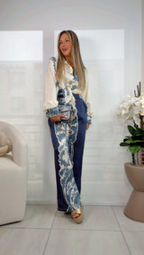 8004 Satin printed blouse and pants set