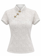 0419 Short sleeve mandarin collar lace top