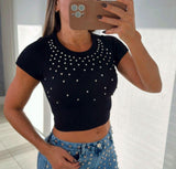4027 Rhinestone shor sleeve rib tee top