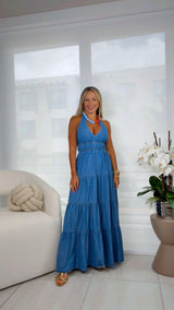 2149 Denim midi dress with halter neck