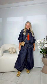 0462 Bubble jacket denim and aladdin pants set