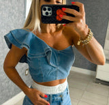 4095 One shoulder ruffle denim top