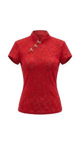 0419 Short sleeve mandarin collar lace top