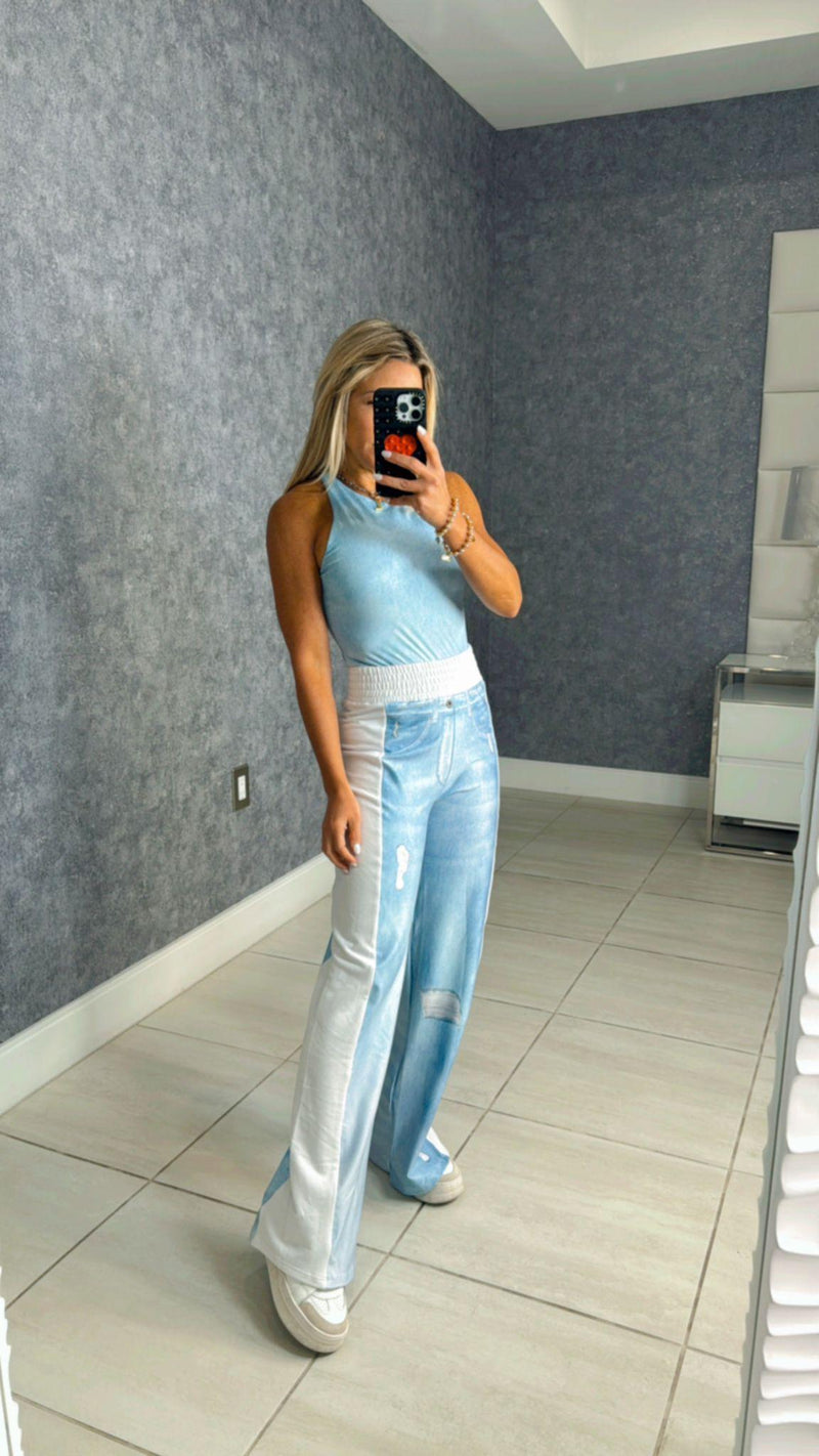 1182 Printed denim contrast pant and body set