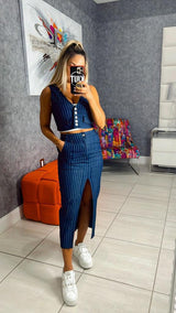 3256 Denim stripe vest and cargo skirt set