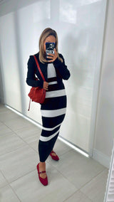 6142 Stripe midi dress with solid cardigan set