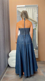 3399 Denim halter neck maxi dress