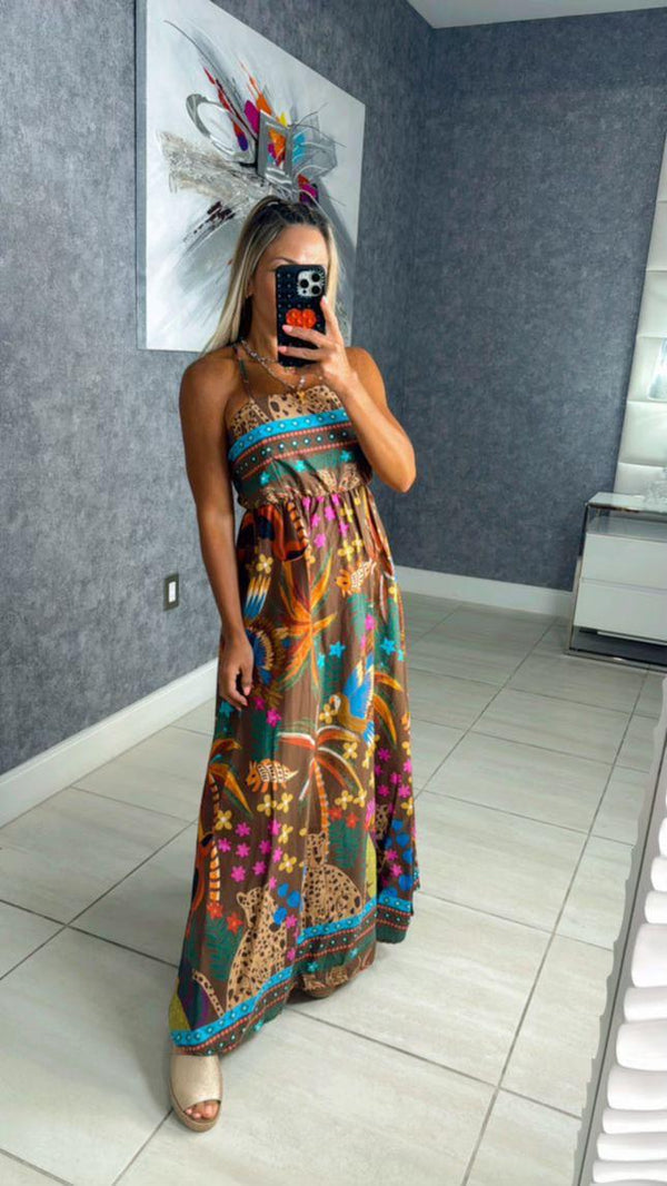 3993 Safari tropical maxi dress