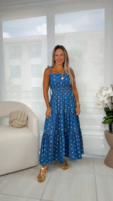 3647 Lightweight denim polka dot midi dress