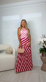 1504 Polka dot body and striped maxi skirt set Kiut