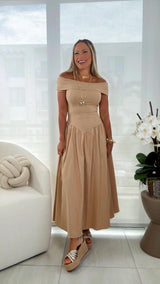 5231 Basque waist off shoulder dress