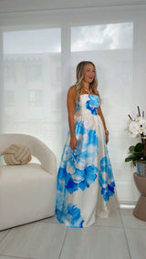 3041 Printed woven strapless maxi dress