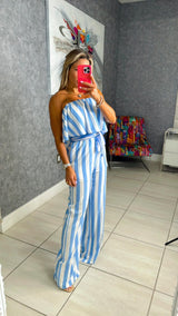 4347 Striped ruffled tube woven jumpsuit