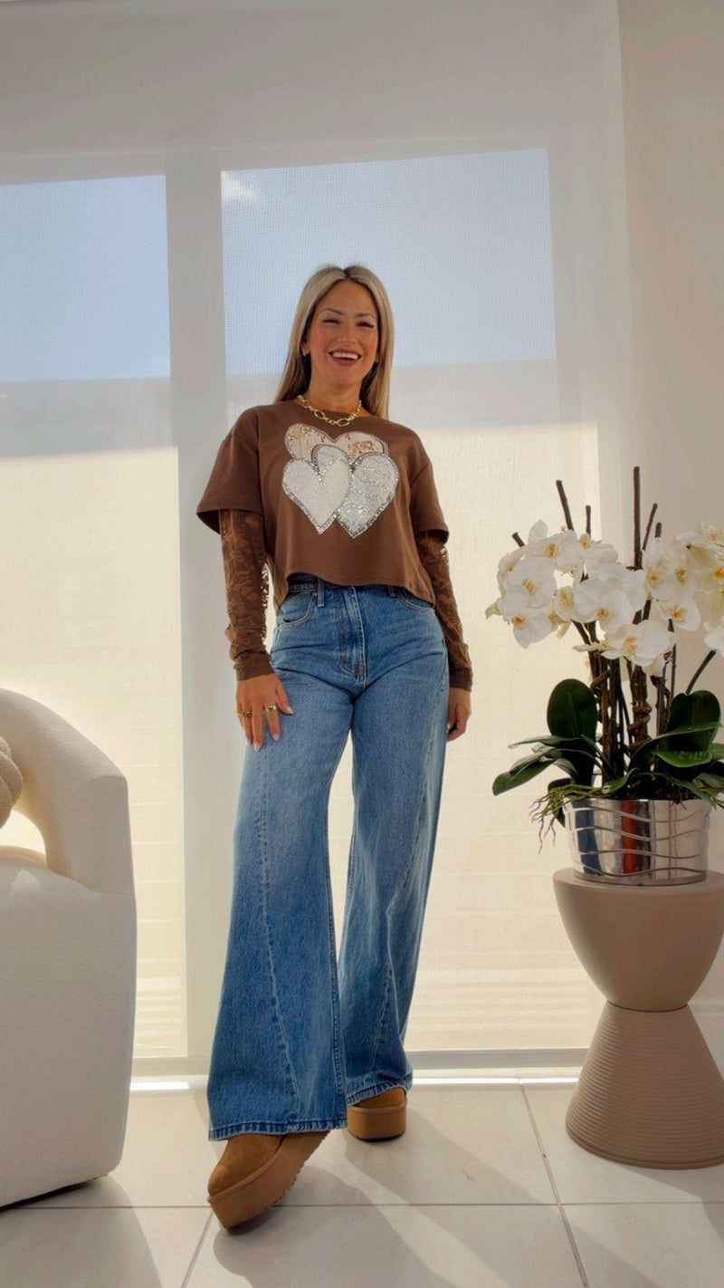 2778 Lace sleeve hearts detail T-shirt