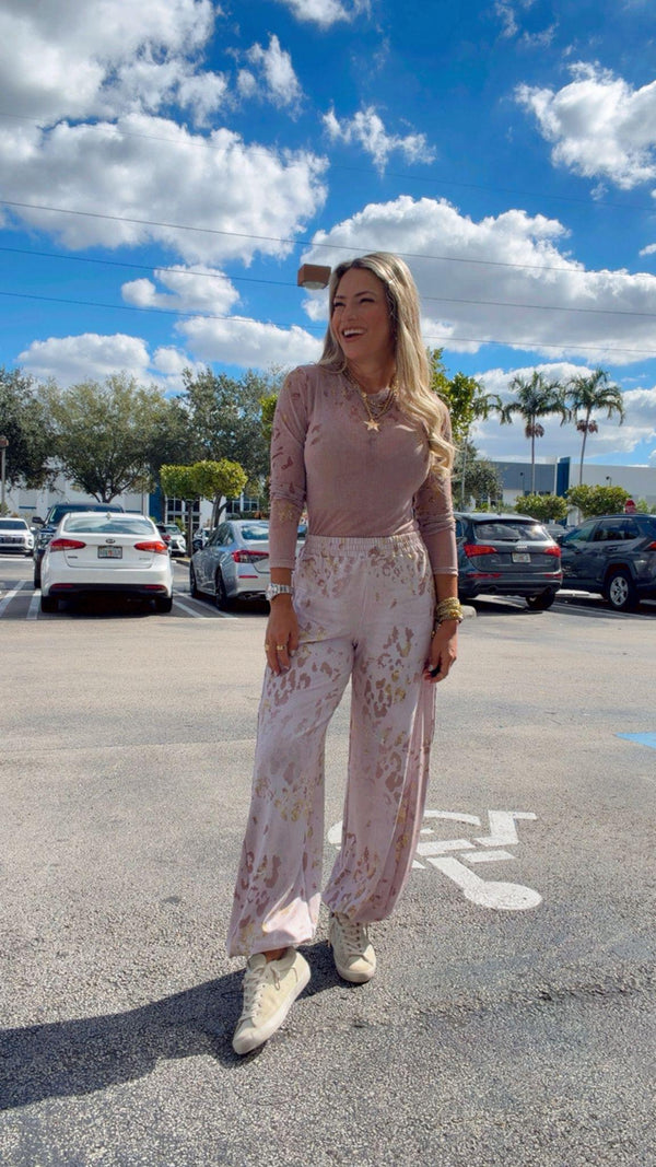 1768 Denim Leopard mesh top and harem pants set kiut